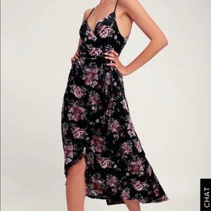 Lulu's velvet black floral high-low wrap dress XS